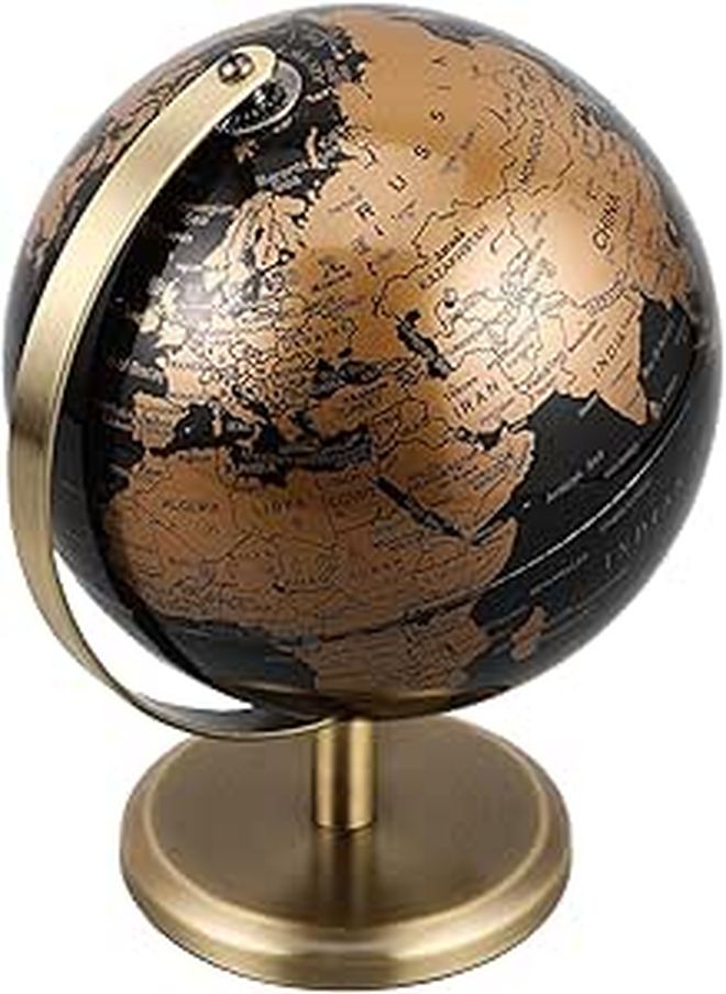 Vintage 14Cm Round Globe Black Gold Map Bronze Stand Rotating Desktop Office Home Decor Educational Geography - Image 1
