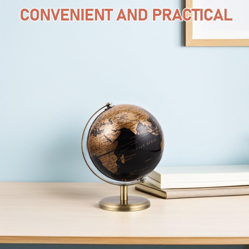 Vintage 14Cm Round Globe Black Gold Map Bronze Stand Rotating Desktop Office Home Decor Educational Geography - Image 4