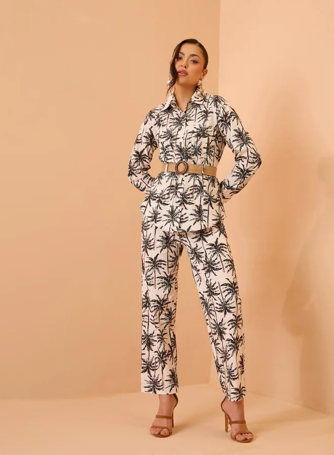 Sassafras Black Cotton Tropical Belted Shirt and Straight Pants Co-Ords