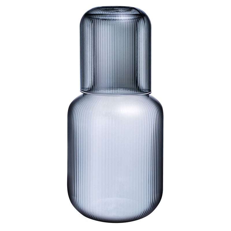 Sizikato 25 Oz Gray Striped Glass Bedside Night Water Carafe with Tumbler Glass