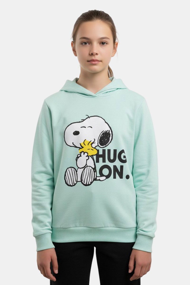 Peanuts هودي بنات بأكمام طويلة بطبعة جرافيك، أخضر نعناعي - Image 1