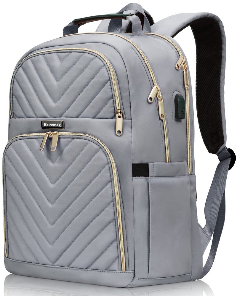 Kuosdaz Laptop Backpack for Women Men, Large School Backpack for Teens Boys Girls, 17.3 Inch Quilted Laptop Bag Bookbag College Bag with USB Charging Port, Work Travel Casual Daypacks, Grey(over 3 years old) - Image 1