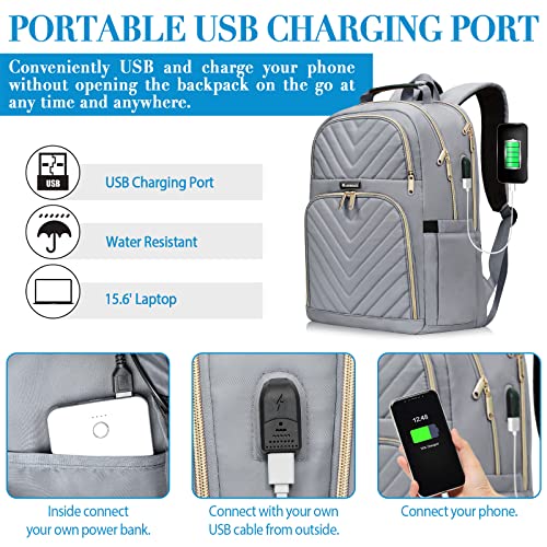 Kuosdaz Laptop Backpack for Women Men, Large School Backpack for Teens Boys Girls, 17.3 Inch Quilted Laptop Bag Bookbag College Bag with USB Charging Port, Work Travel Casual Daypacks, Grey(over 3 years old) - Image 3