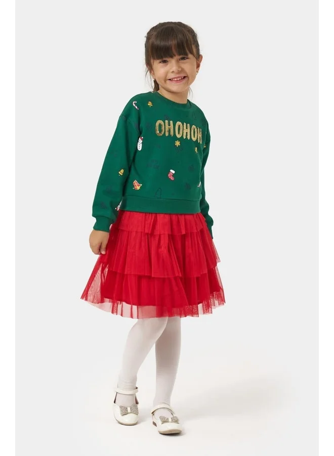 Magu Girls' Cotton Green Sweatshirt and Red Tulle Skirt Set - New Year's Themed