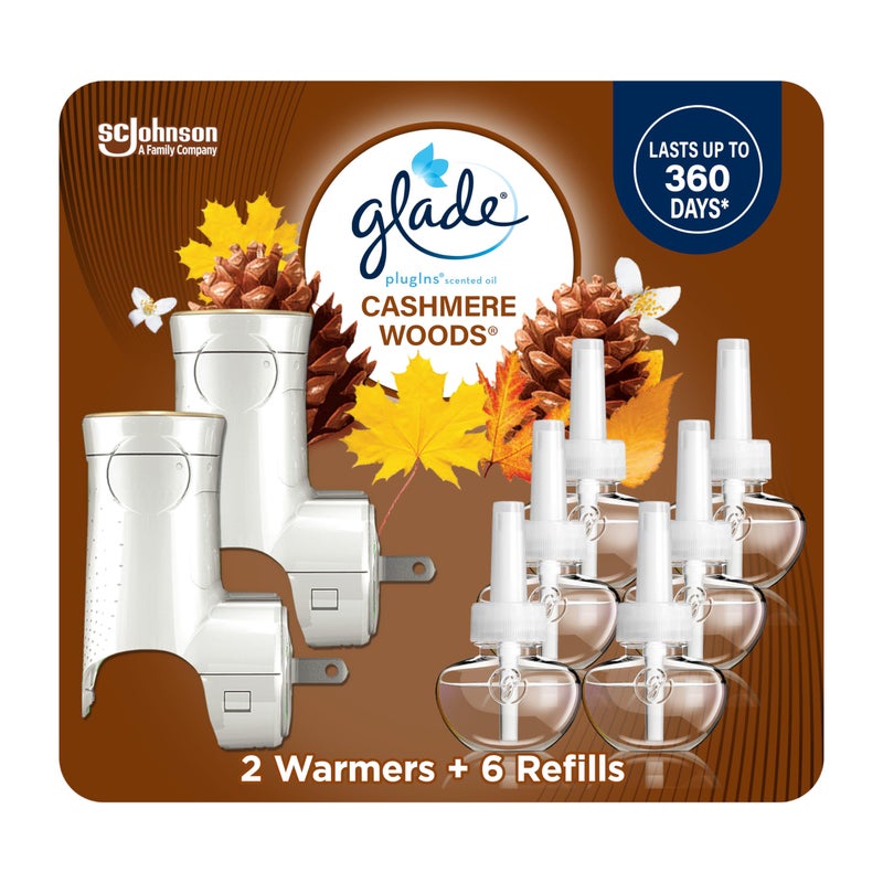 Glade PlugIns Air Freshener Starter Kit, Scented and Essential Oils for Home and Bathroom, Cashmere Woods, 4.02 Fl Oz, 2 Warmers and 6 Refills - Image 1