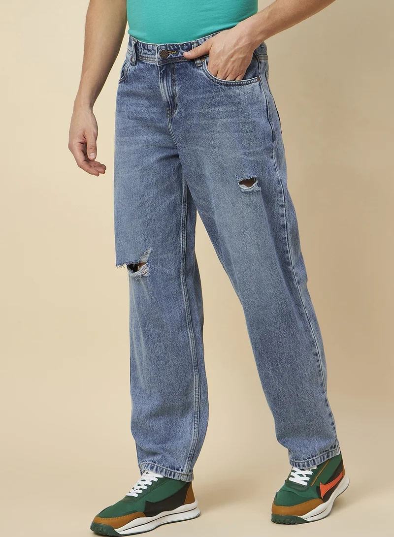 HIGH STAR Loose Fit Mid Blue Jeans for Men with Mild Distressing