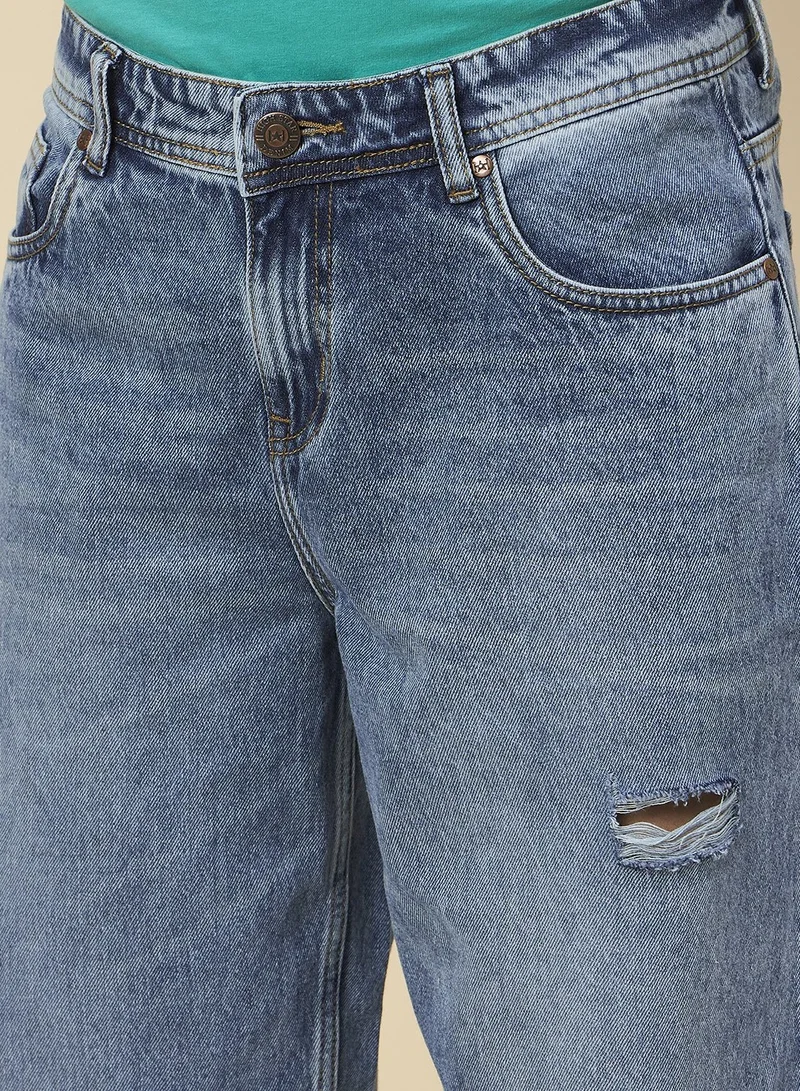 HIGH STAR Loose Fit Mid Blue Jeans for Men with Mild Distressing