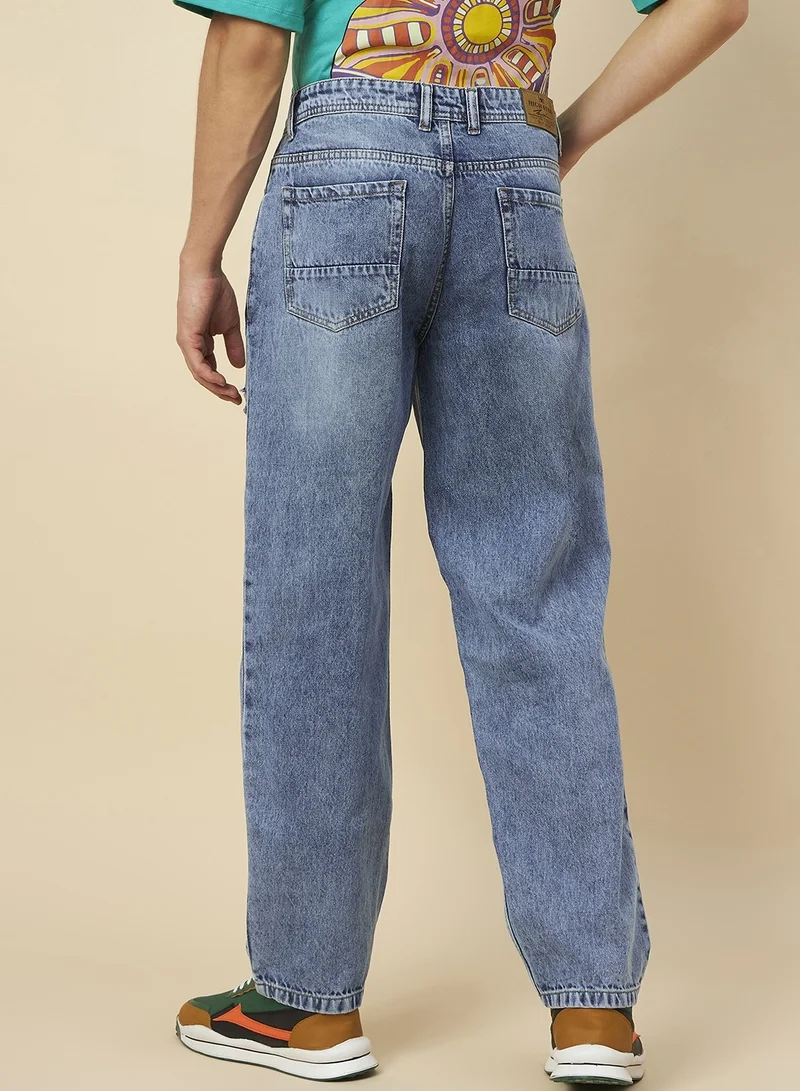 HIGH STAR Loose Fit Mid Blue Jeans for Men with Mild Distressing
