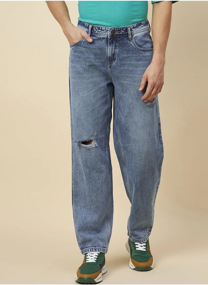 هاي ستار Loose Fit Mid Blue Jeans for Men with Mild Distressing