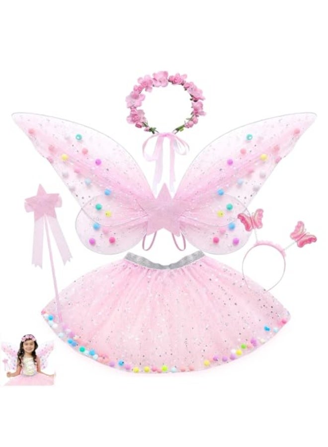 زي تنكرية للجنيات للفتيات، 5 قطع زي أجنحة جنيات للفتيات أجنحة فراشة للأطفال الصغار مع عصا تنورة توتو تاج عصابة رأس هالوين هدية تنكرية - Image 1