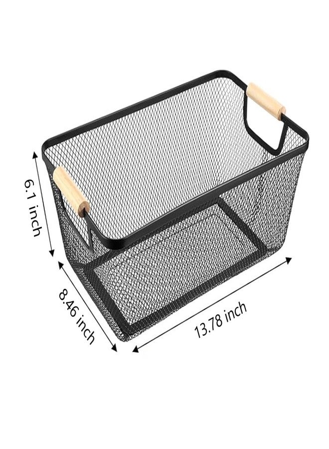 AJIODA Metal Mesh Steel Basket, Large Wire Storage Organizer Basket Multi-function Hanging Kitchen Basket with Wood Handle for Kitchen Bathroom Picnic Home, Rectangle-Black - Image 2