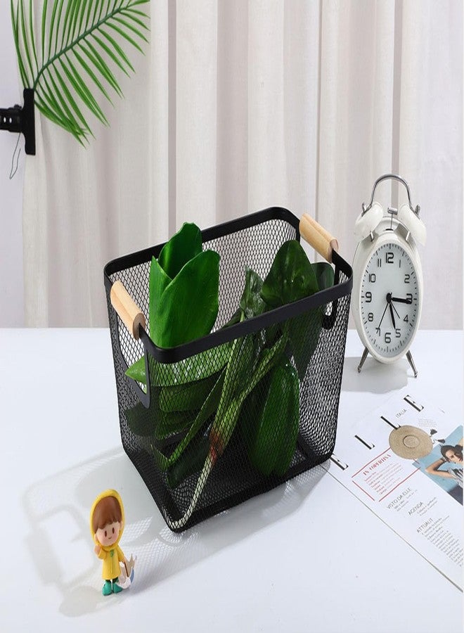 AJIODA Metal Mesh Steel Basket, Large Wire Storage Organizer Basket Multi-function Hanging Kitchen Basket with Wood Handle for Kitchen Bathroom Picnic Home, Rectangle-Black - Image 5