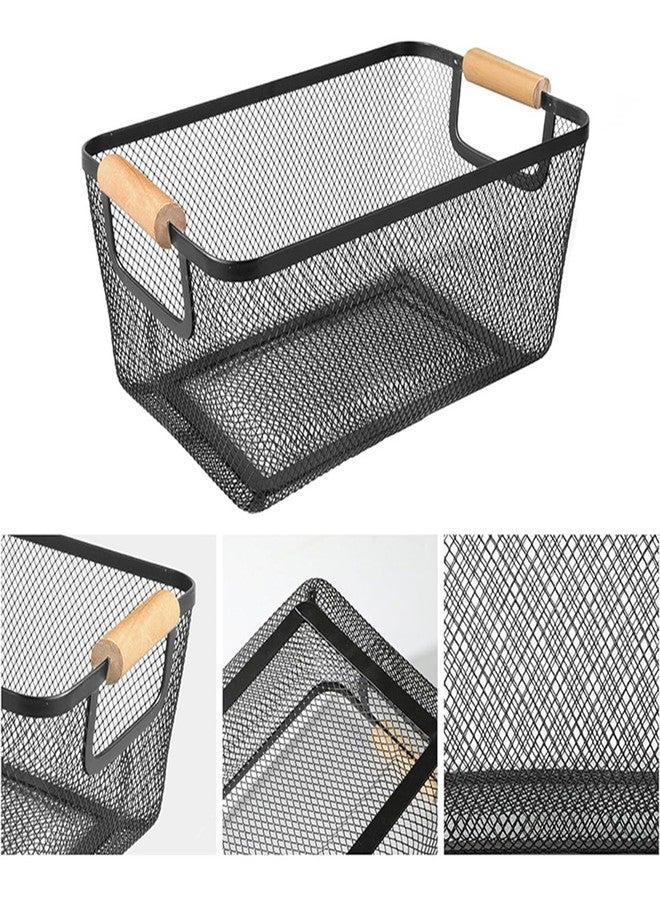 AJIODA Metal Mesh Steel Basket, Large Wire Storage Organizer Basket Multi-function Hanging Kitchen Basket with Wood Handle for Kitchen Bathroom Picnic Home, Rectangle-Black - Image 3