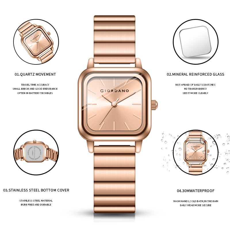 Giordano Classic Square Watch for Women – Polished Stainless Steel Strap, Minimalist Compact Design - Image 5