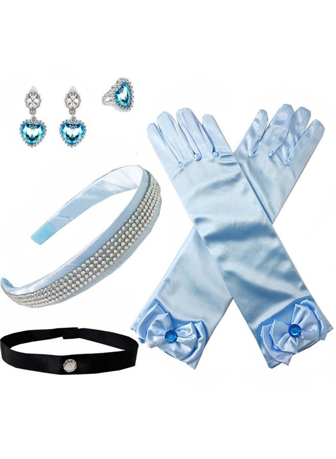 Yosbabe Girls Costume Accessories Princess Cinderella Dress up Accessories for Girls Cinderella Headband Crown Choker Gloves Ring Earrings Halloween Christmas Party Favors for Kids (Blue) - Image 1