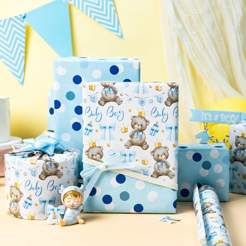 Yarcony Bear Baby Shower Wrapping Paper, Baby Boy Wrapping Paper, Reversible Watercolor Blue Bear, Bow & Polka Dot Little Boy Gift Wrap for Boys Birthday, Kid Party, 1st Birthday (17 Inch X 16.5 Feet) - Image 5