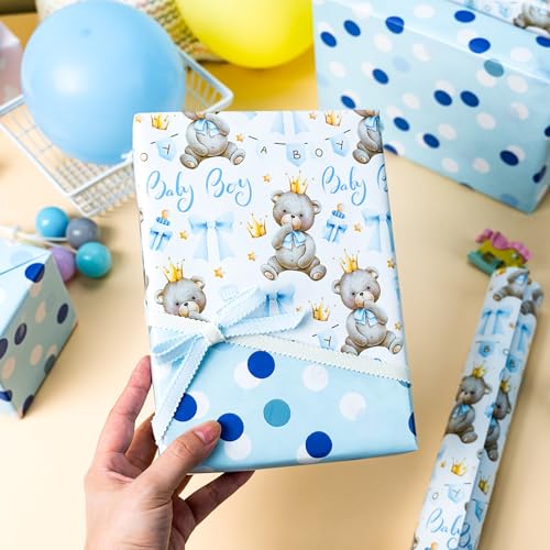Yarcony Bear Baby Shower Wrapping Paper, Baby Boy Wrapping Paper, Reversible Watercolor Blue Bear, Bow & Polka Dot Little Boy Gift Wrap for Boys Birthday, Kid Party, 1st Birthday (17 Inch X 16.5 Feet) - Image 4