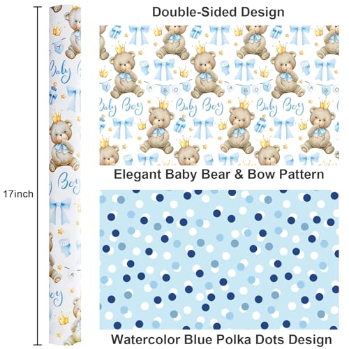 Yarcony Bear Baby Shower Wrapping Paper, Baby Boy Wrapping Paper, Reversible Watercolor Blue Bear, Bow & Polka Dot Little Boy Gift Wrap for Boys Birthday, Kid Party, 1st Birthday (17 Inch X 16.5 Feet) - Image 3
