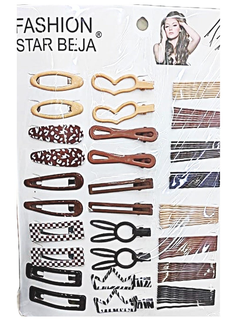 STAR BEJA 28 Pcs Complete Set of Multi Types Snap Hair Clips for Girls Brown Color - Image 1
