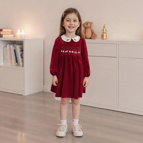 ZyHwShine Toddler Girl Christmas Outfit Long Sleeve Velvet Smocked Dress Cute Fall Winter Clothes Xmas Party Dresses 0-7Y (Red, 18-24 Months) - Image 2