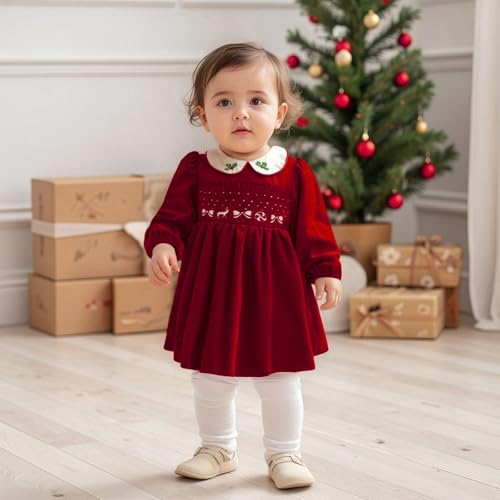 ZyHwShine Toddler Girl Christmas Outfit Long Sleeve Velvet Smocked Dress Cute Fall Winter Clothes Xmas Party Dresses 0-7Y (Red, 18-24 Months) - Image 3