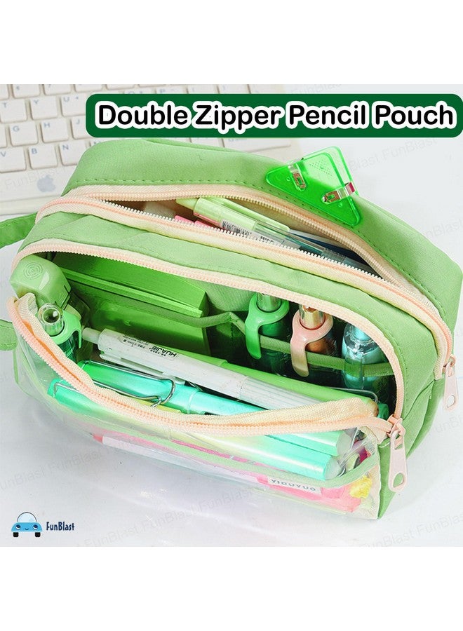 FunBlast Large Capacity Pencil Pouch, Multiple Compartment Double Zipper Pencil Pouch, Pencil Pouch, Aesthetic Pouch, Cute Stationery Bag for Students Girls Adults Office (Green.) - Image 2