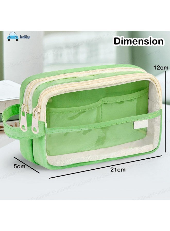 FunBlast Large Capacity Pencil Pouch, Multiple Compartment Double Zipper Pencil Pouch, Pencil Pouch, Aesthetic Pouch, Cute Stationery Bag for Students Girls Adults Office (Green.) - Image 3