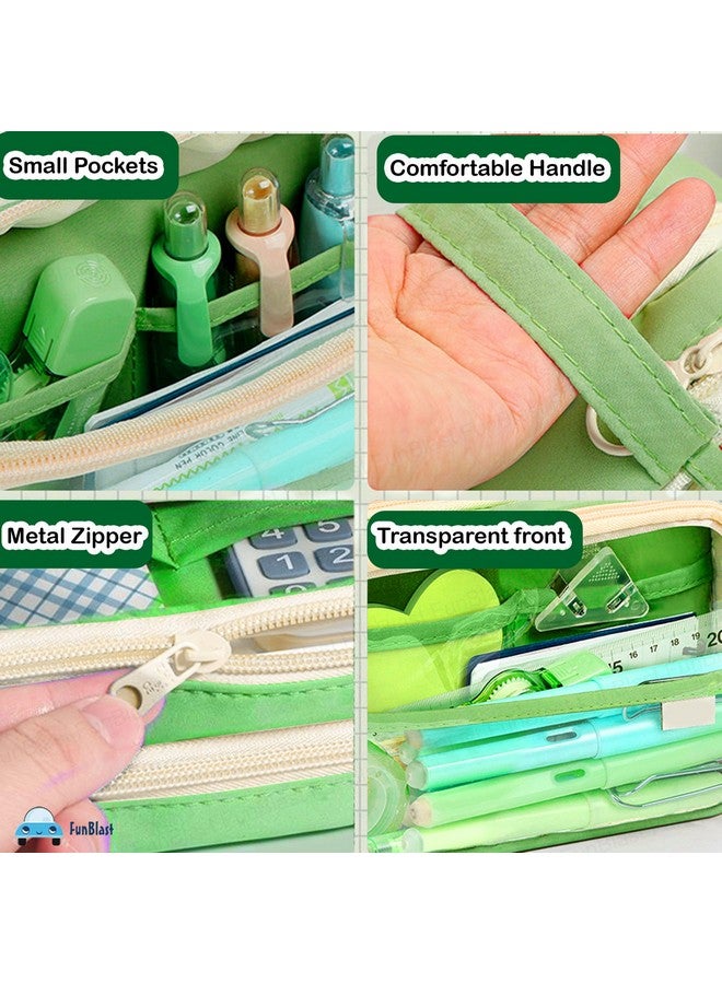 FunBlast Large Capacity Pencil Pouch, Multiple Compartment Double Zipper Pencil Pouch, Pencil Pouch, Aesthetic Pouch, Cute Stationery Bag for Students Girls Adults Office (Green.) - Image 4