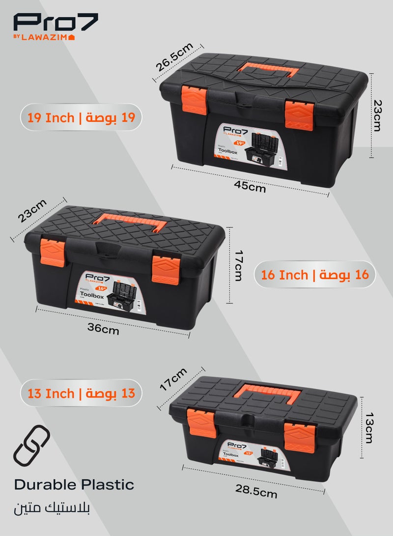 LAWAZIM Pro7 Plastic Tool Box Set-13,16,19inch- Portable Durable ABS Plastic Deep Hardware Storage Toolbox Organizer with Display Tray-for Electricians Carpenter Gardener Mechanic Plumbers and Construction - Image 2