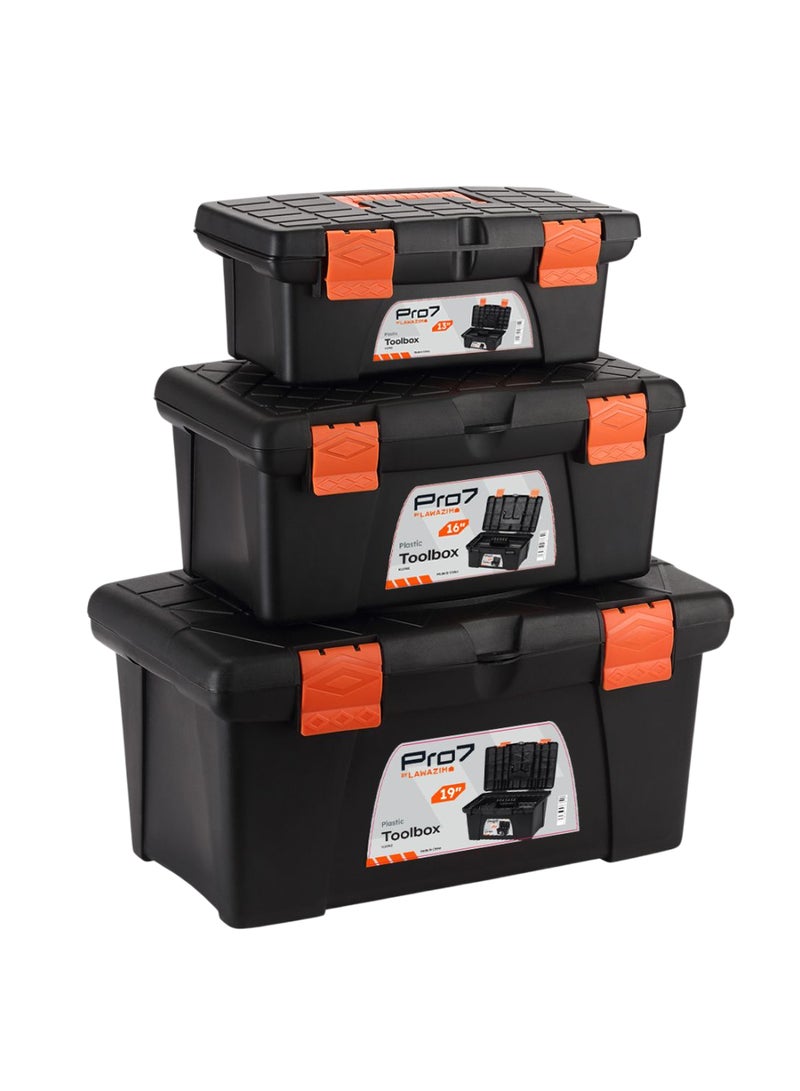 LAWAZIM Pro7 Plastic Tool Box Set-13,16,19inch- Portable Durable ABS Plastic Deep Hardware Storage Toolbox Organizer with Display Tray-for Electricians Carpenter Gardener Mechanic Plumbers and Construction - Image 1