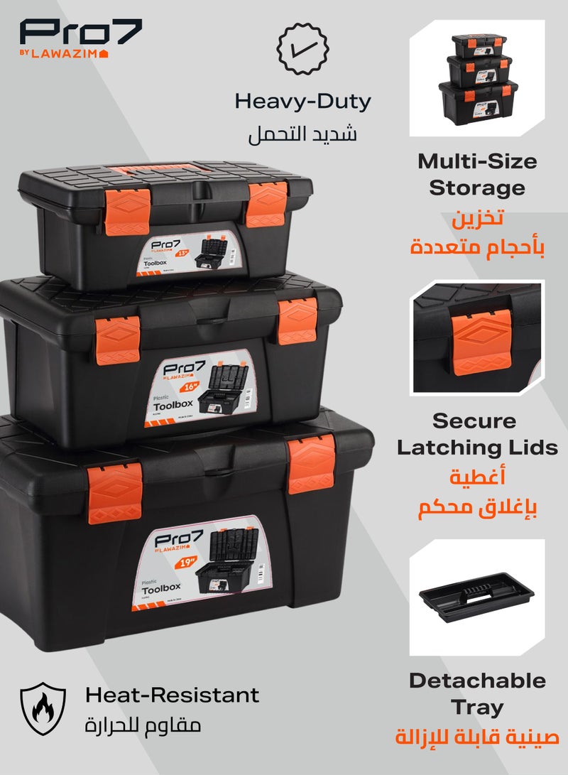 LAWAZIM Pro7 Plastic Tool Box Set-13,16,19inch- Portable Durable ABS Plastic Deep Hardware Storage Toolbox Organizer with Display Tray-for Electricians Carpenter Gardener Mechanic Plumbers and Construction - Image 4
