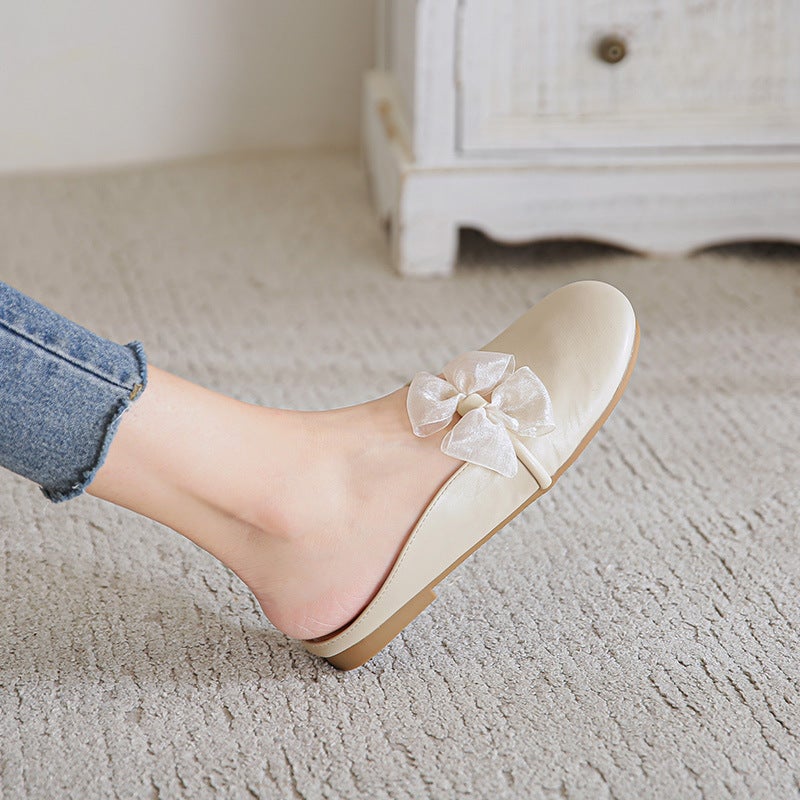 Heelless Lazy Bowknot Slip-On Mules For Women, Large Size, Flat, Breathable, Non-Slip, Suitable For Pairing With Skirts - Image 3