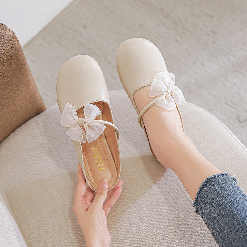 Heelless Lazy Bowknot Slip-On Mules For Women, Large Size, Flat, Breathable, Non-Slip, Suitable For Pairing With Skirts - Image 1