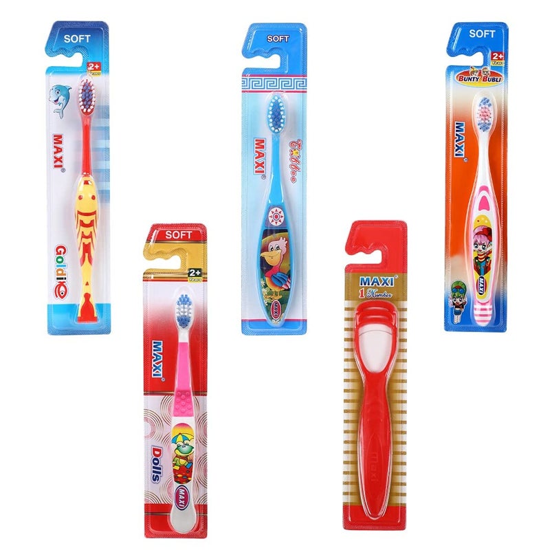 MAXI Oral Care Combo of 8-1 Toffee Junior Toothbrush & 1 Goldie Junior Toothbrush & 1 Dolls Junior Toothbrush & 1 Bunty Bubli Junior Toothbrush & (4 TC) 1 Number Tongue Cleaner - Image 3