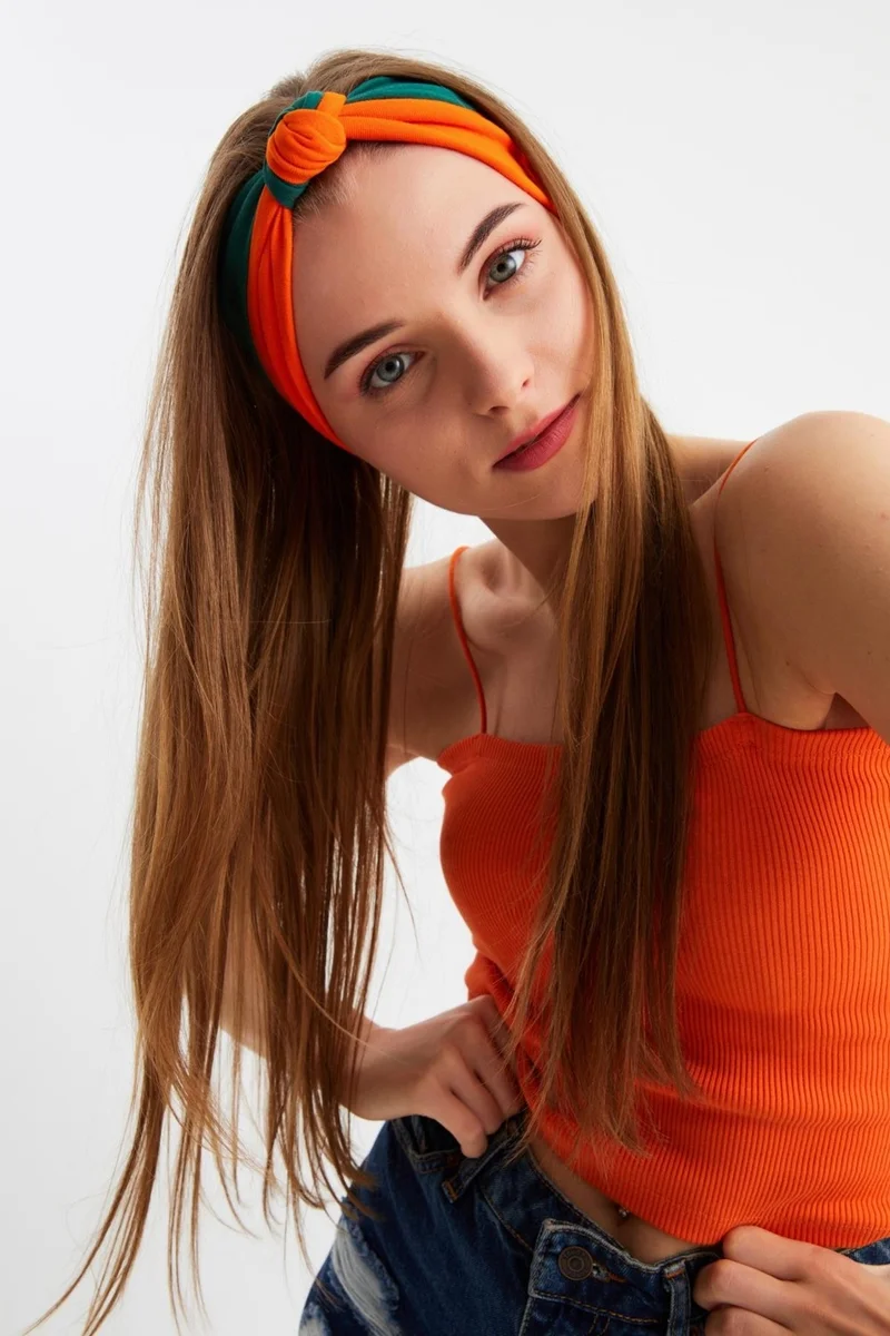 Butikgiz Orange-Khaki Women's Phenomen Style Cotton Combed Comb, Non-Slip, Soft, Flexible, Hair Band Bandana