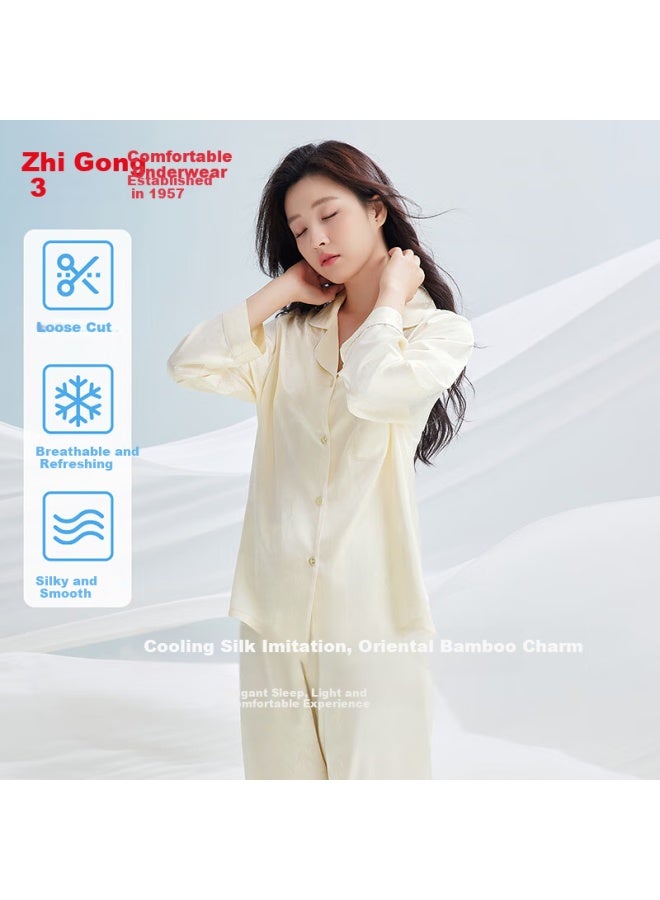 hongdou Hodo Women's Pajamas, Silk-like Elastic Smooth Dark Pattern Jacquard Long-sleeve Cardigan, Couple's Loungewear - Image 1