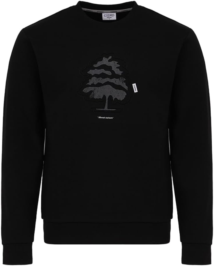 CEDRO سويت شيرت أسود للرجال بياقة دائرية بتصميم شجرة وطباعة 'عن الطبيعة' - Image 1