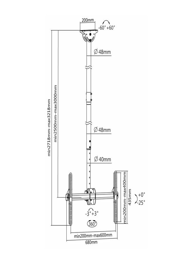 سكيل تك حامل سقف SH 643C لشاشات LCD LED مقاس 26-75 بوصة، VESA 600x400، قابل للتعديل من 2.5 متر إلى 3 متر، سعة تحميل 50 كجم - أسود - Image 3