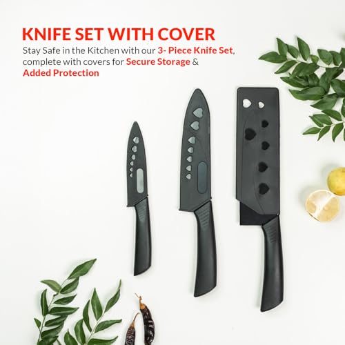 URBANFIX 3-Piece Kitchen Knife Set | High-Carbon Steel Knives with Razor-Sharp Edge | Chef, Utility & Paring Knife with Safety Covers | Non-Stick, Rust-Resistant, Knives for Home & Professional Use - Image 2