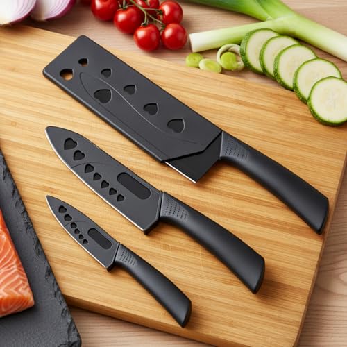 URBANFIX 3-Piece Kitchen Knife Set | High-Carbon Steel Knives with Razor-Sharp Edge | Chef, Utility & Paring Knife with Safety Covers | Non-Stick, Rust-Resistant, Knives for Home & Professional Use - Image 1