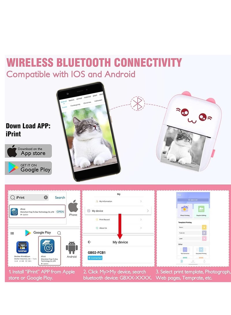 Portable Mini Photo Printer with 6 Rolls of Paper, Wireless Bluetooth Thermal Printer, USB Cable for Sticky Notes Photo Web Document Printing - Image 5