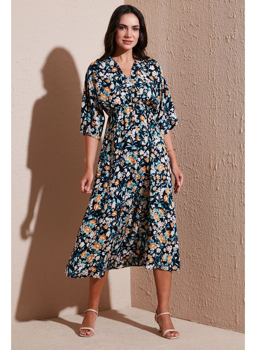 Lela Regular Fit V Neck Patterned Midi Length Dress Women's Dress 67810573