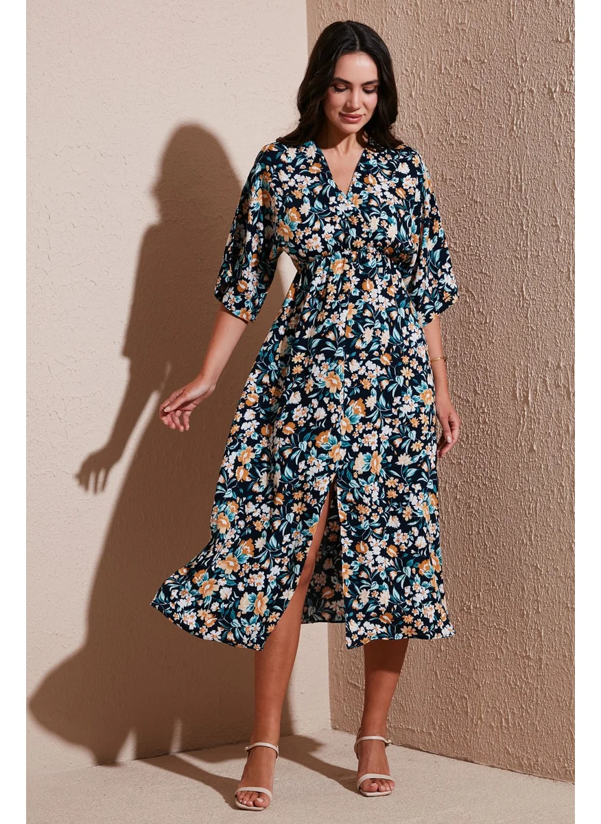 Lela Regular Fit V Neck Patterned Midi Length Dress Women's Dress 67810573