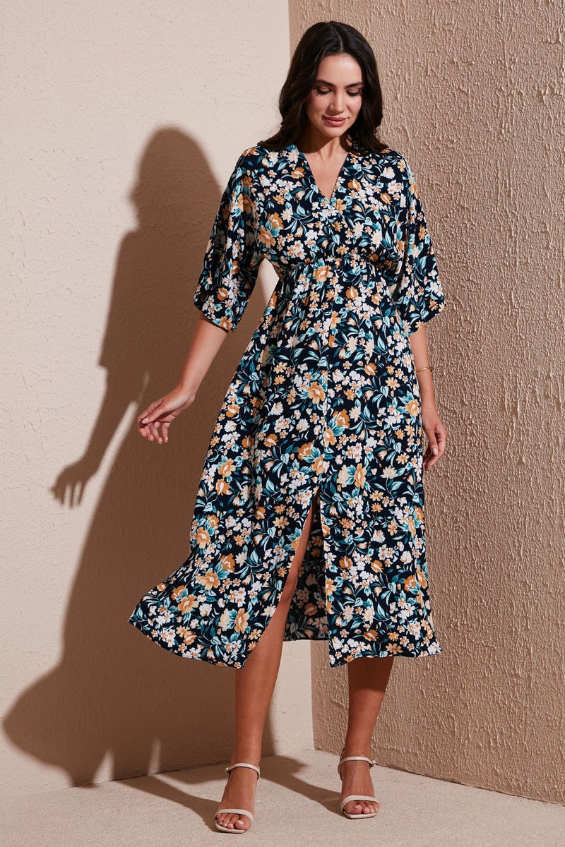 Lela Regular Fit V Neck Patterned Midi Length Dress Women's Dress 67810573  - Image 1
