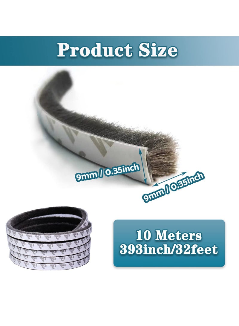 Weather Stripping Door Seal, Self Adhesive Brush Weather Seal Strip for Windows and Doors Felt Door Seal Window Insulation Sealing Strip Brush Weatherstrip 9mm Wide x 9mm Thick, 10M