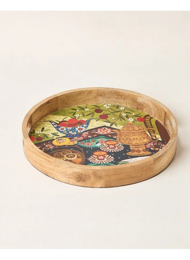 Chumbak Kahwah Hour Wooden Serving Tray, 12" dia | Kashmir Trails