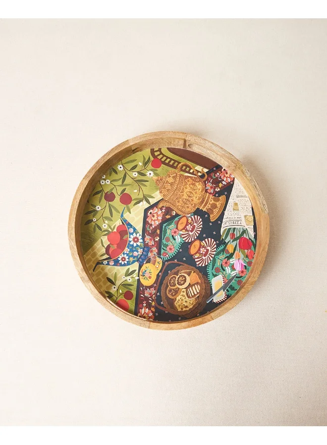 Chumbak Kahwah Hour Wooden Serving Tray, 12" dia | Kashmir Trails