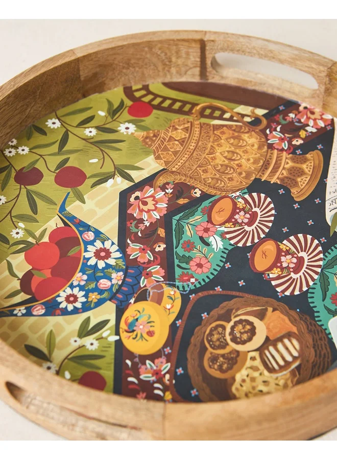 Chumbak Kahwah Hour Wooden Serving Tray, 12" dia | Kashmir Trails