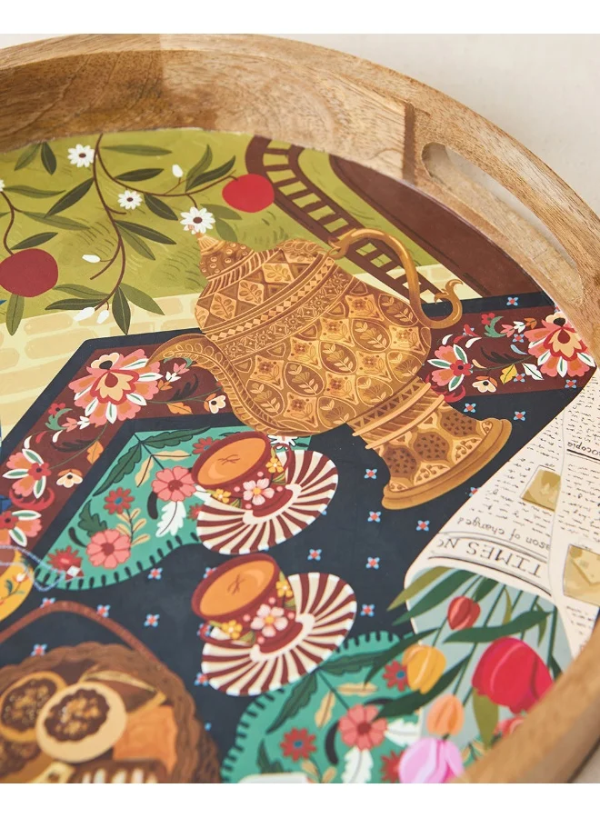 Chumbak Kahwah Hour Wooden Serving Tray, 12" dia | Kashmir Trails