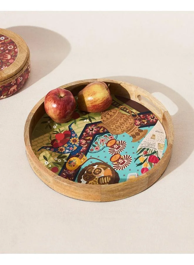 Chumbak Kahwah Hour Wooden Serving Tray, 12" dia | Kashmir Trails
